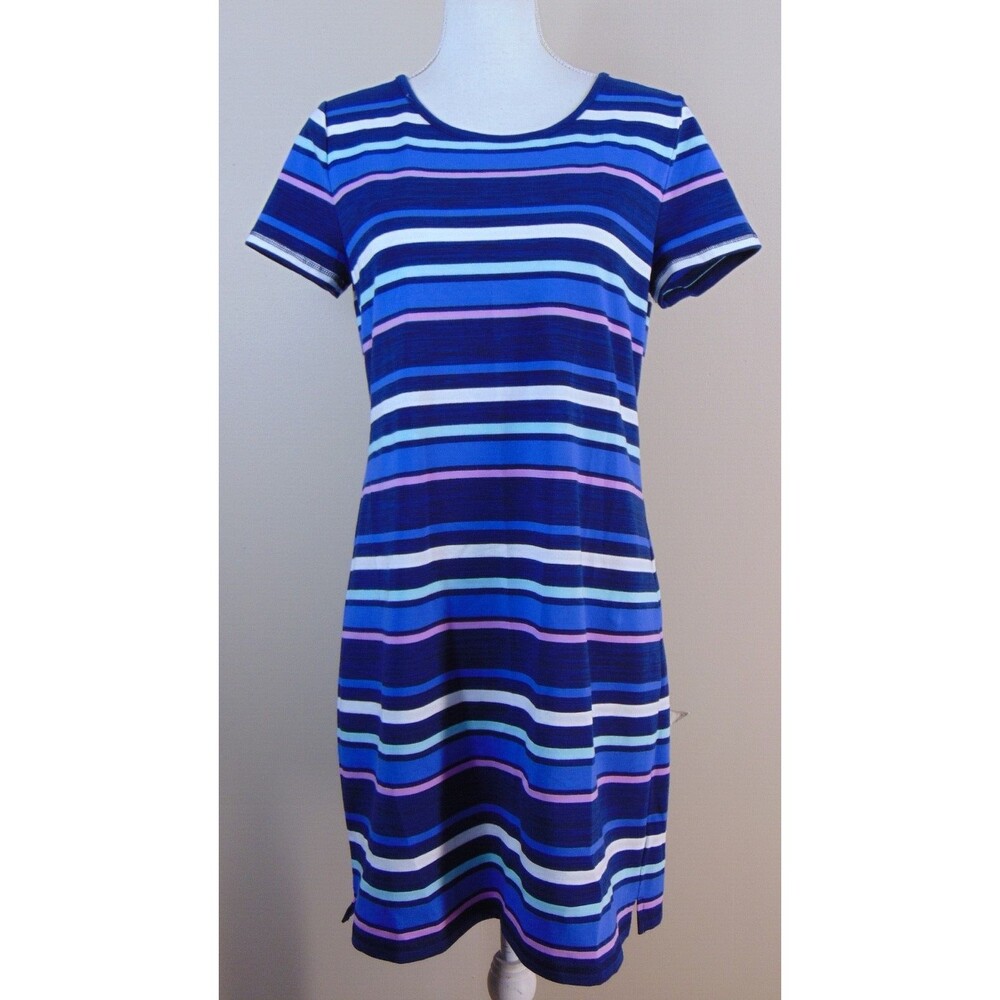 T By Talbots Dress Womens MP Striped Blue / Purple Ruched Back Medium Petite